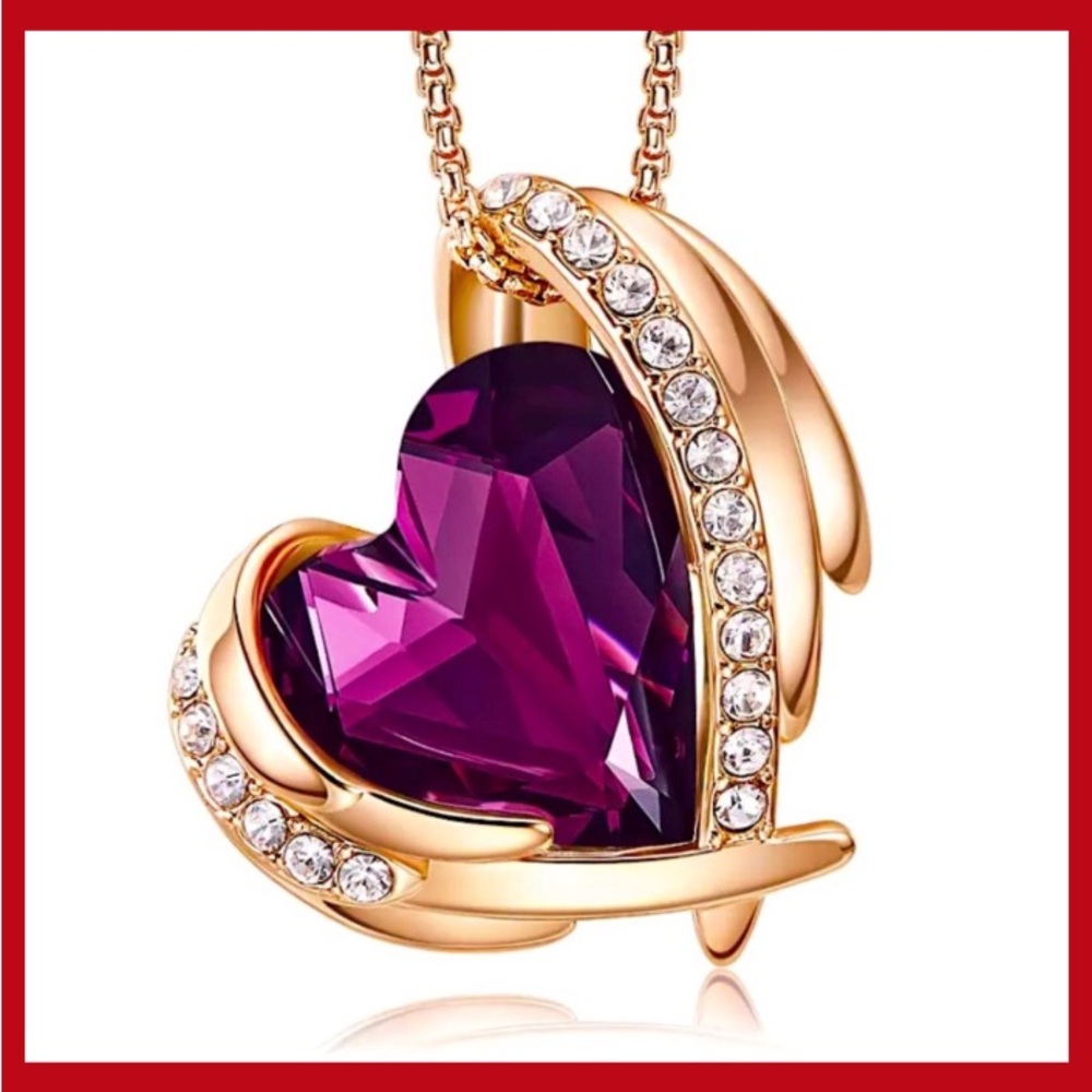 Clearance! Purple stone February amethyst heart angel wings pendant necklace